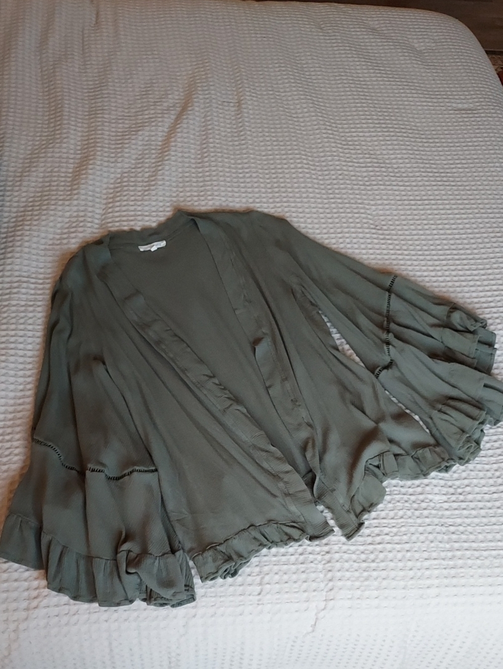Olive Green Ruffle-Trim Open Front Tunic